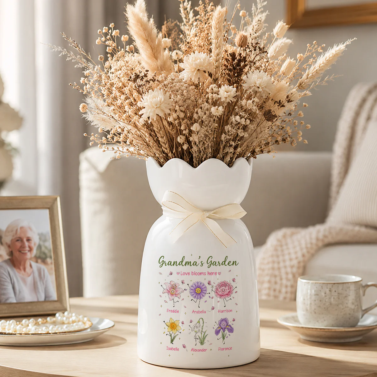 Grandma's Garden Cute Doodle Birth Month Flowers - Personalized Ceramic Flower Vase - Gift For Grandma, Mom - Image 5