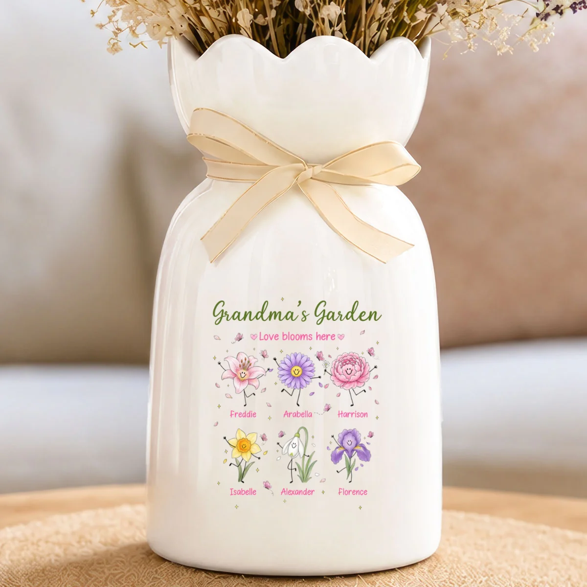 Grandma's Garden Cute Doodle Birth Month Flowers - Personalized Ceramic Flower Vase - Gift For Grandma, Mom - Image 7