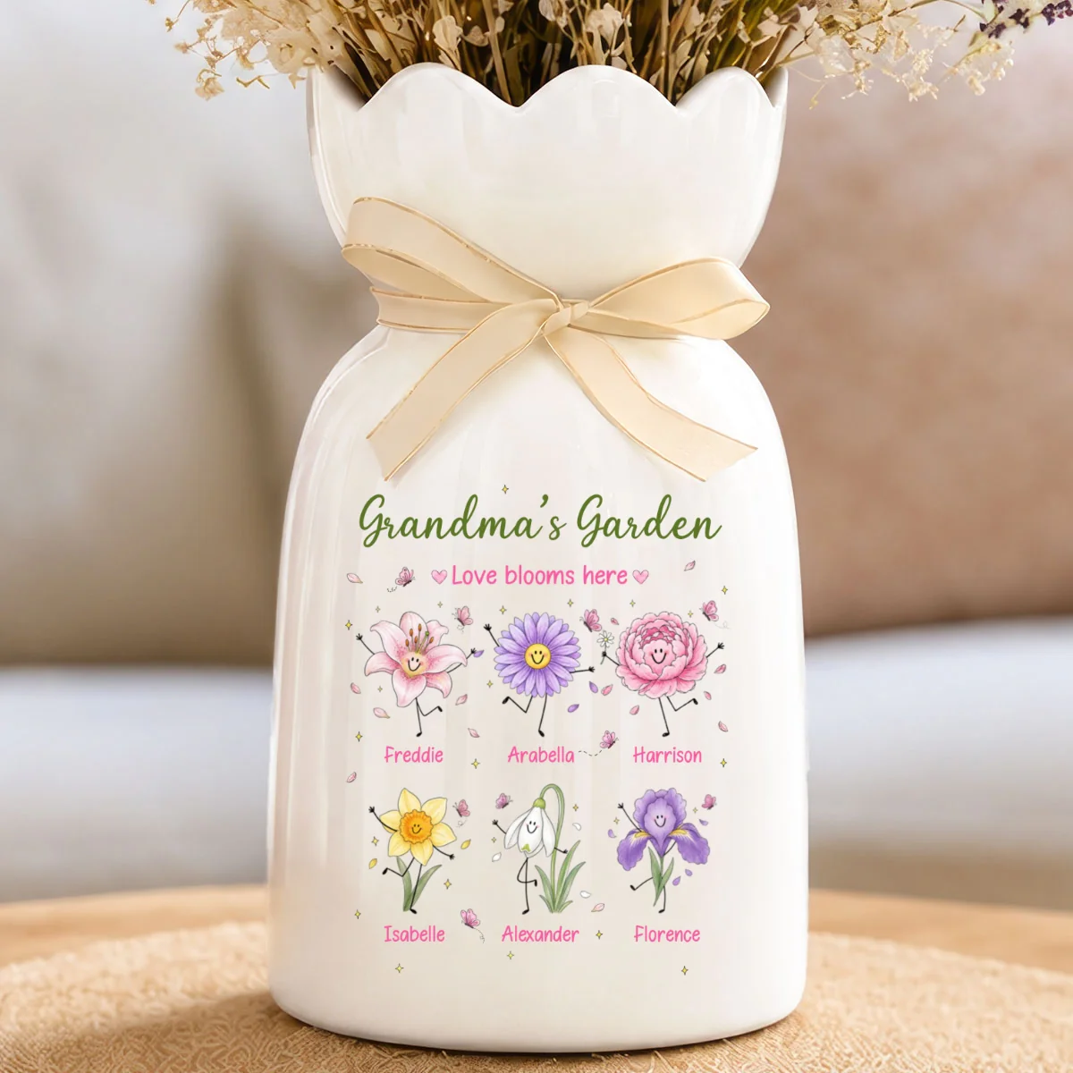 Grandma's Garden Cute Doodle Birth Month Flowers - Personalized Ceramic Flower Vase - Gift For Grandma, Mom - Image 9