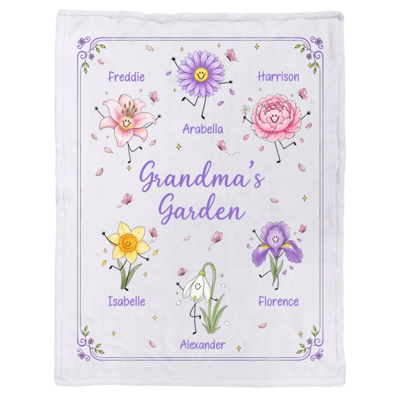 Grandma's Garden Cute Doodle Birth Month Flowers - Personalized Fleece Blanket - Gift For Grandma - Image 11
