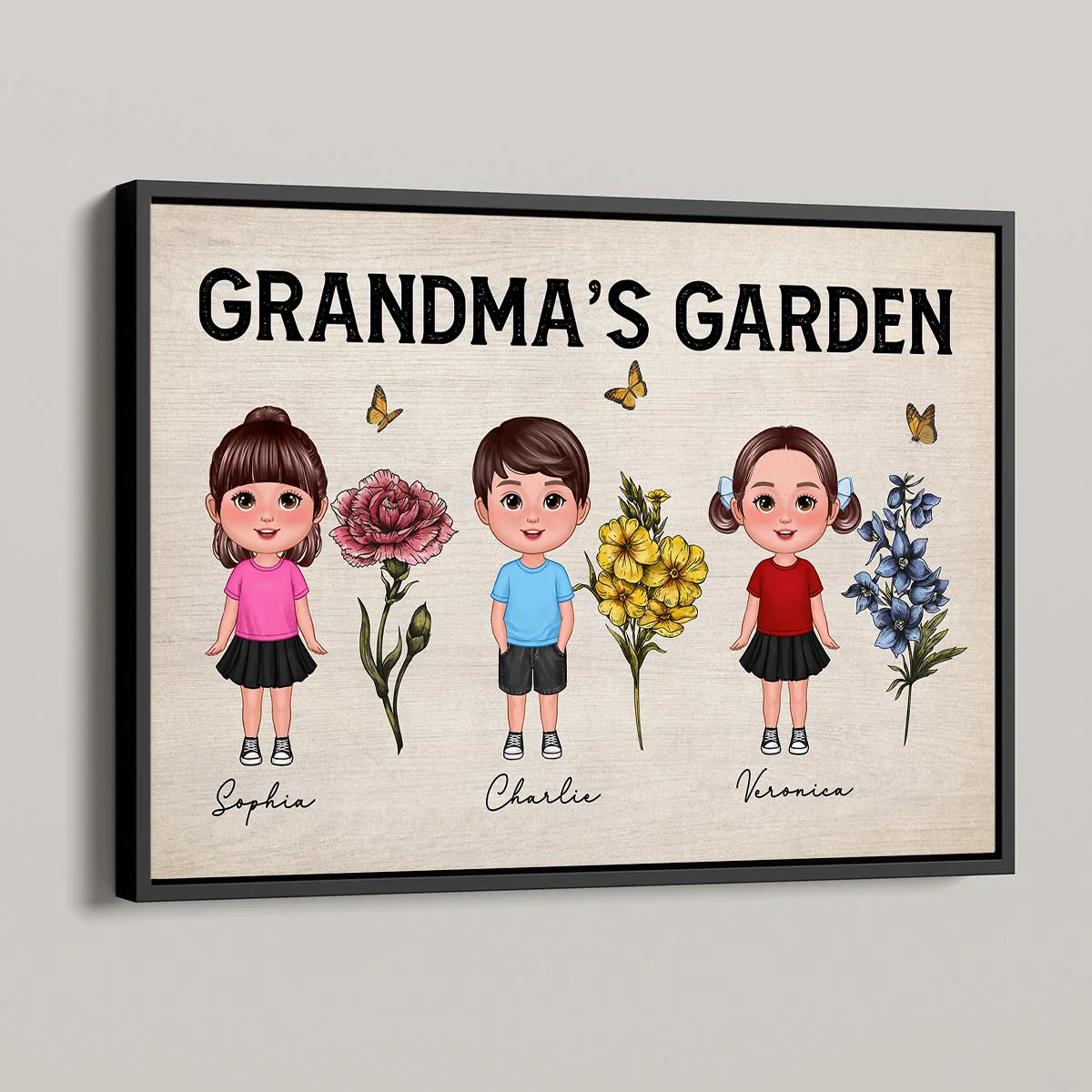 Grandma‘s Garden Cute Grandkids Standing With Beautiful Vintage Birth Flowers Personalized Poster
