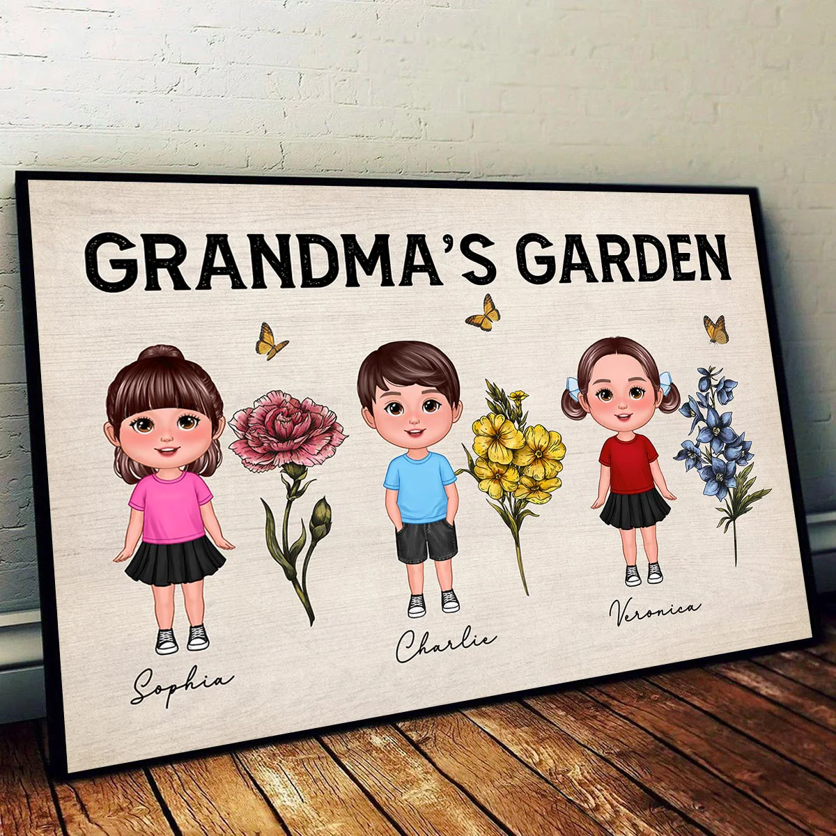 Grandma‘s Garden Cute Grandkids Standing With Beautiful Vintage Birth Flowers Personalized Poster - Image 4