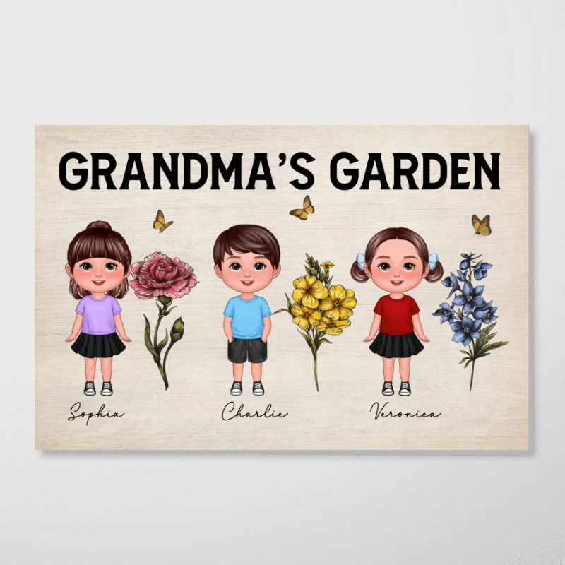 Grandma‘s Garden Cute Grandkids Standing With Beautiful Vintage Birth Flowers Personalized Poster - Image 6