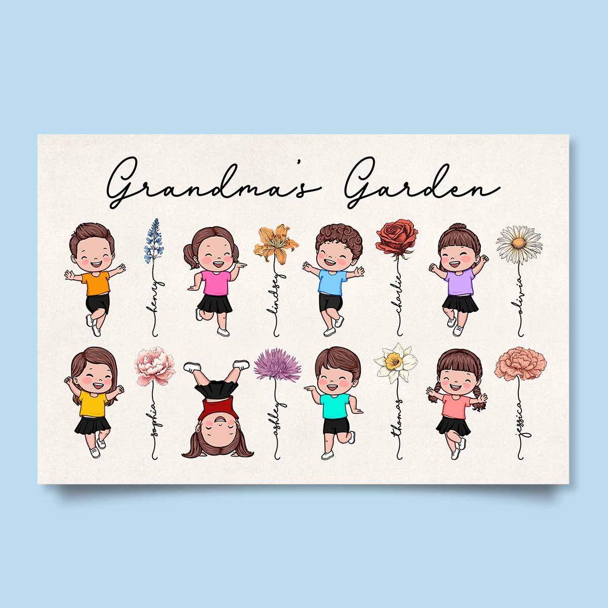 Grandma's Garden Cute Jumping Grandkids Personalized Poster