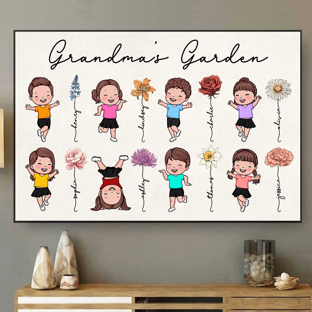 Grandma's Garden Cute Jumping Grandkids Personalized Poster - Image 2