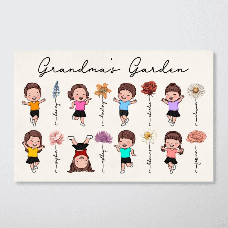 Grandma's Garden Cute Jumping Grandkids Personalized Poster - Image 5