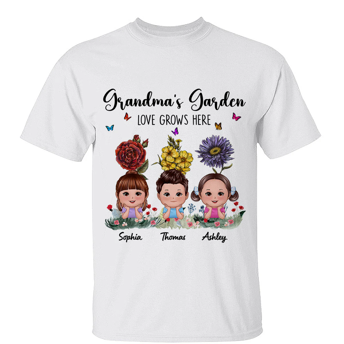 Grandma‘s Garden Cute Kids With Beautiful Vintage Birth Flower Behind Personalized Shirt