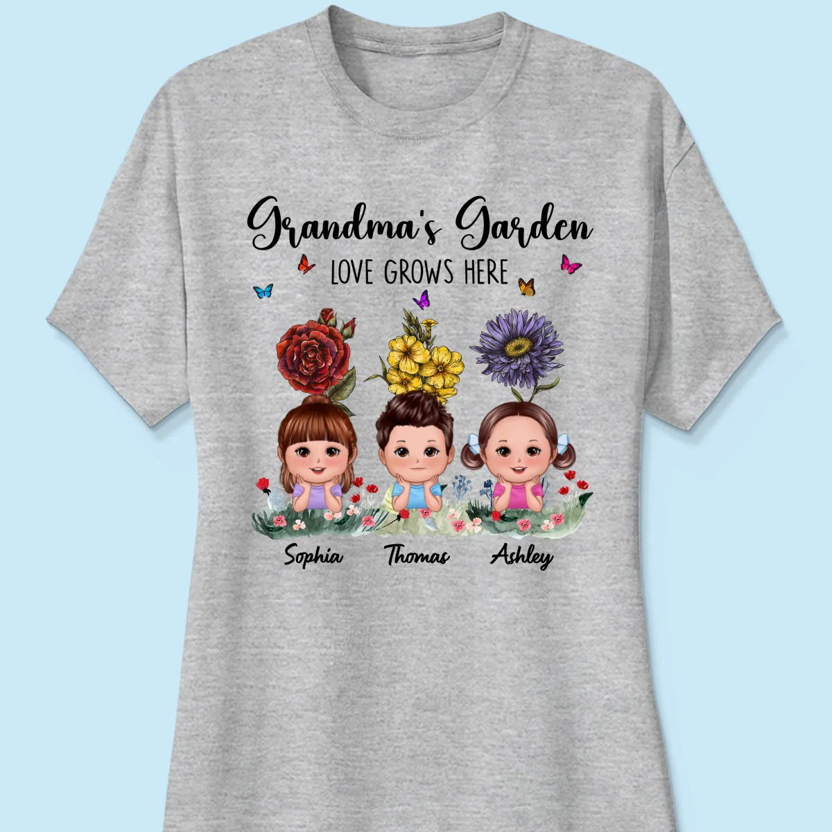 Grandma‘s Garden Cute Kids With Beautiful Vintage Birth Flower Behind Personalized Shirt - Image 10