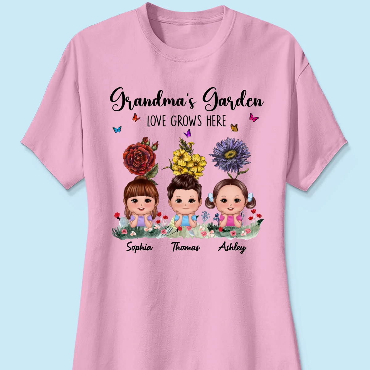 Grandma‘s Garden Cute Kids With Beautiful Vintage Birth Flower Behind Personalized Shirt - Image 11