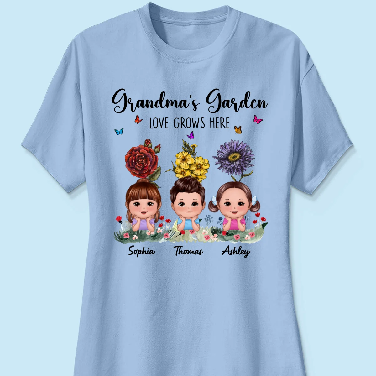 Grandma‘s Garden Cute Kids With Beautiful Vintage Birth Flower Behind Personalized Shirt - Image 12