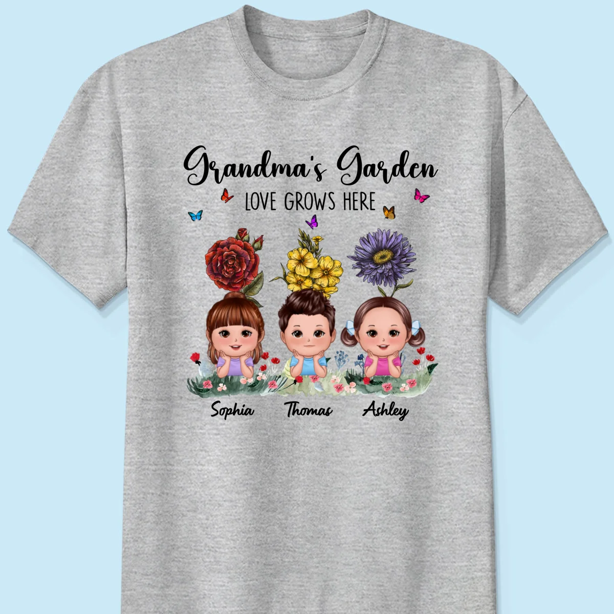 Grandma‘s Garden Cute Kids With Beautiful Vintage Birth Flower Behind Personalized Shirt - Image 6