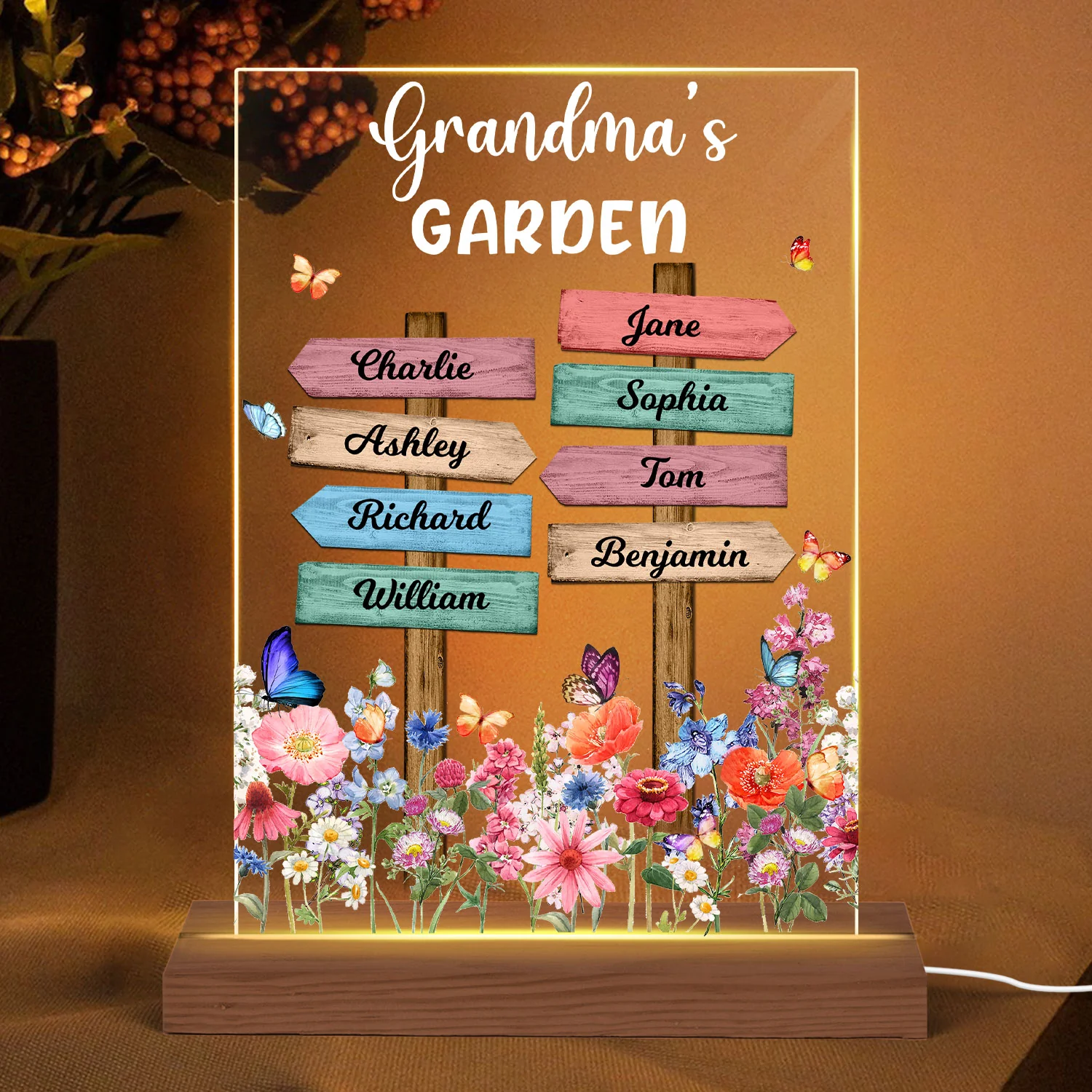 Grandma‘s Garden Direction Sign Flowers Butterflies Personalized Rectangle Acrylic LED Night Light