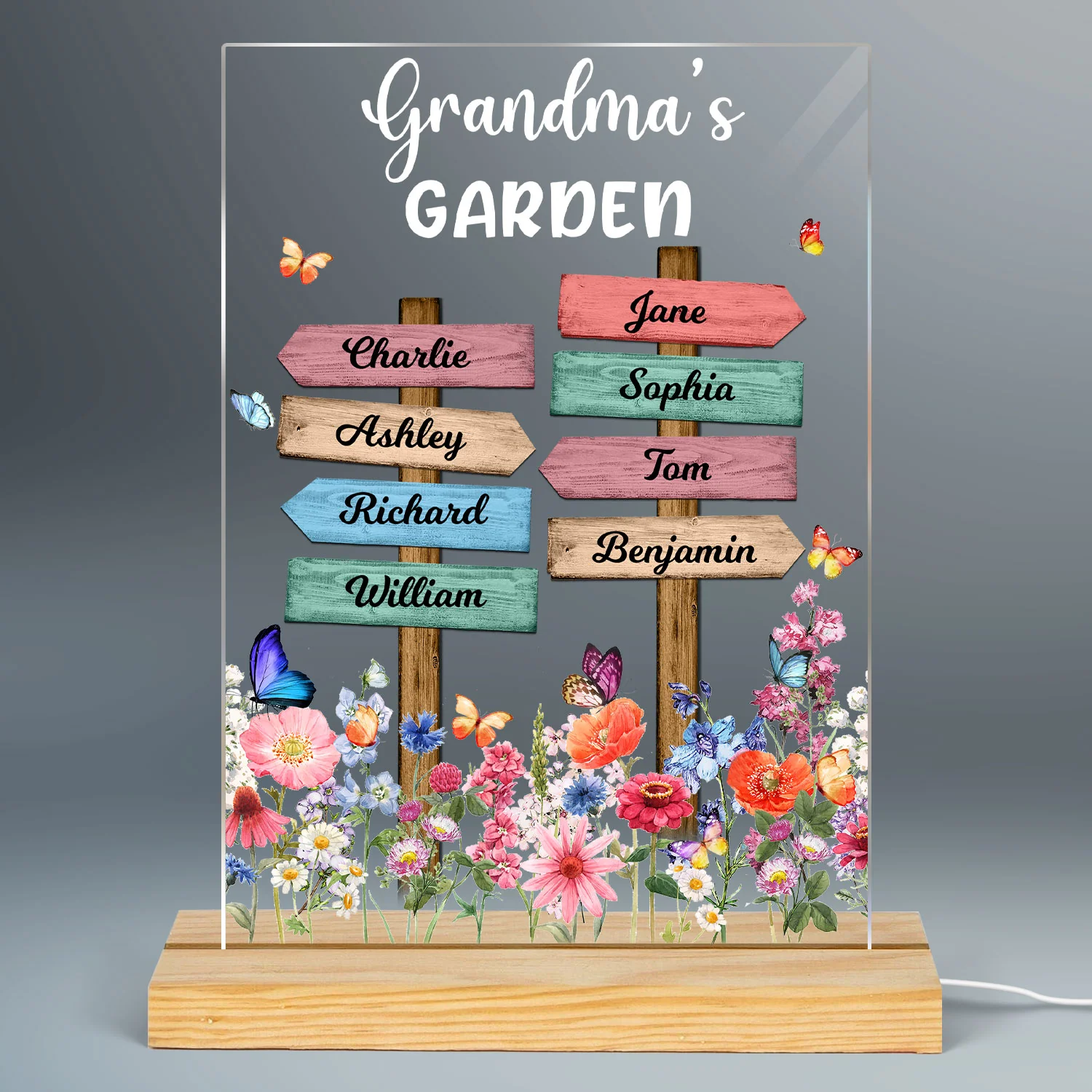 Grandma‘s Garden Direction Sign Flowers Butterflies Personalized Rectangle Acrylic LED Night Light - Image 2