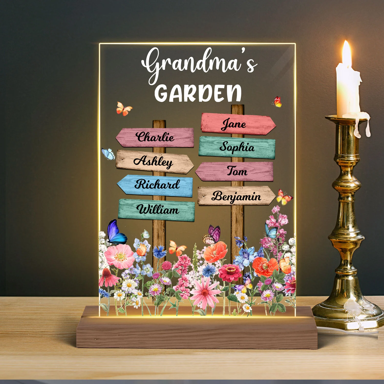 Grandma‘s Garden Direction Sign Flowers Butterflies Personalized Rectangle Acrylic LED Night Light - Image 3