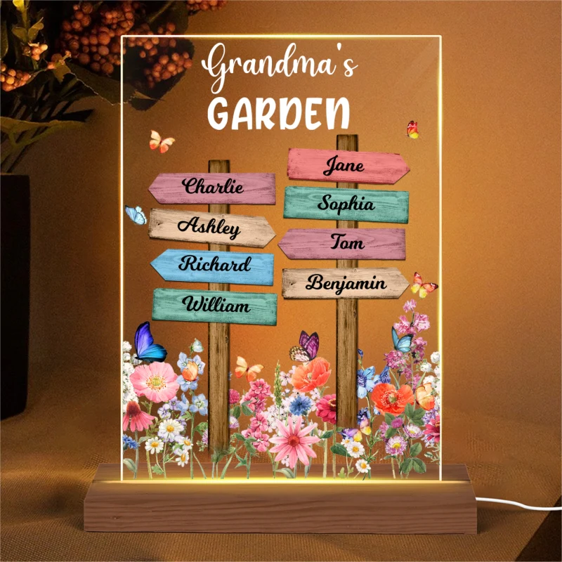 Grandma‘s Garden Direction Sign Flowers Butterflies Personalized Rectangle Acrylic LED Night Light - Image 4