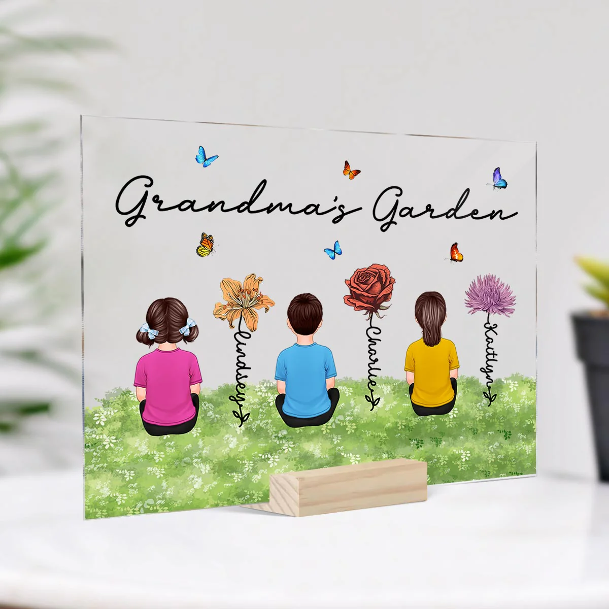 Grandma‘s Garden Grandkids Sitting Vintage Birth Flower Personalized Acrylic Plaque - Image 2
