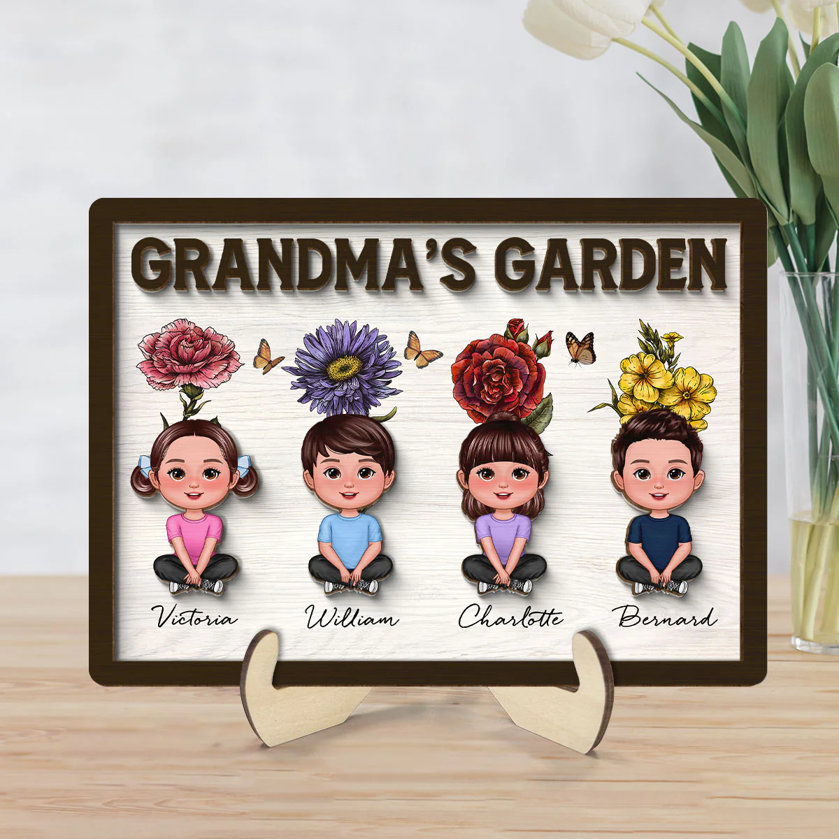 Grandma‘s Garden Grandkids With Birth Flower Behind Personalized 2-Layer Wooden Plaque - Image 2
