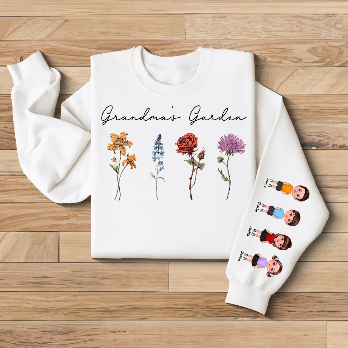 Grandma's Garden Kids On Sleeve, Custom Birthflower Sweatshirt, Gift for Grandma, Love Grows Here, Mom's Garden, Gift, Personalized Sleeve Printed Sweatshirt - Image 2