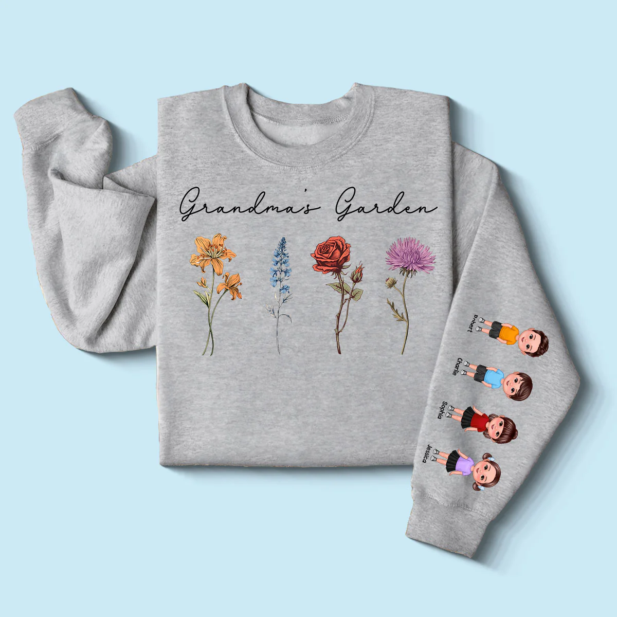 Grandma's Garden Kids On Sleeve, Custom Birthflower Sweatshirt, Gift for Grandma, Love Grows Here, Mom's Garden, Gift, Personalized Sleeve Printed Sweatshirt - Image 3