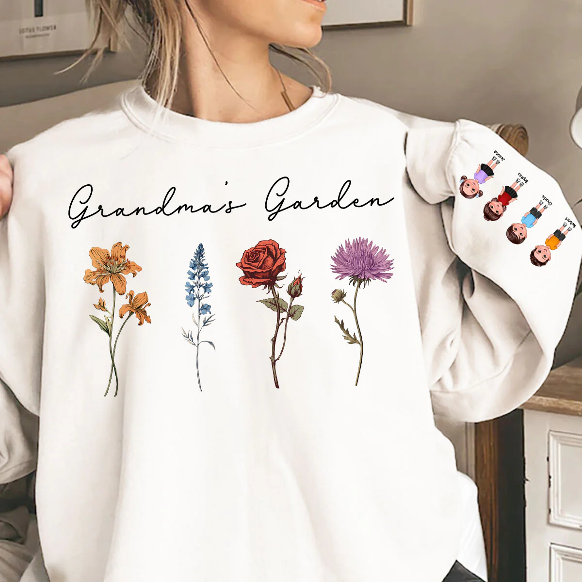 Grandma's Garden Kids On Sleeve, Custom Birthflower Sweatshirt, Gift for Grandma, Love Grows Here, Mom's Garden, Gift, Personalized Sleeve Printed Sweatshirt - Image 4