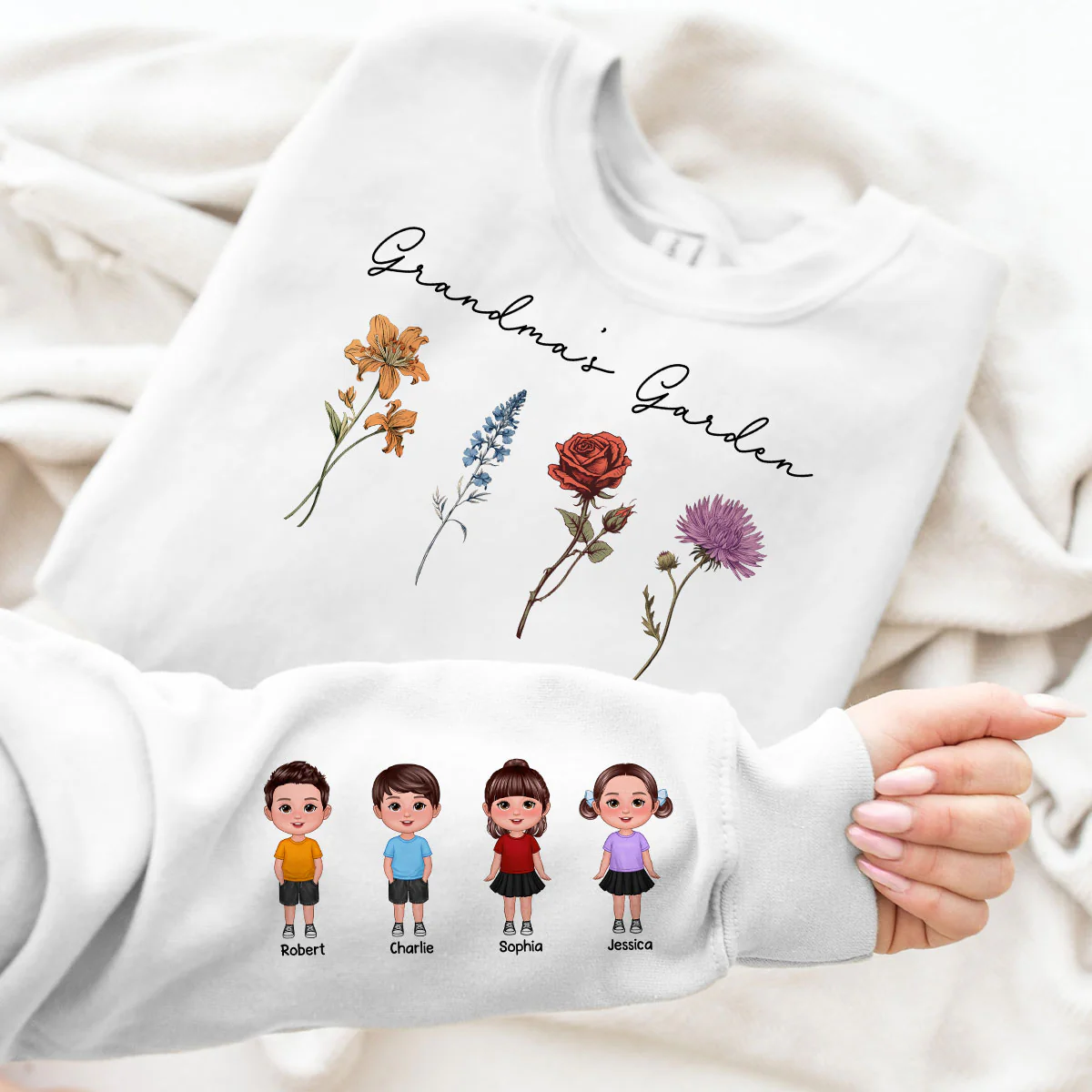 Grandma's Garden Kids On Sleeve, Custom Birthflower Sweatshirt, Gift for Grandma, Love Grows Here, Mom's Garden, Gift, Personalized Sleeve Printed Sweatshirt - Image 5