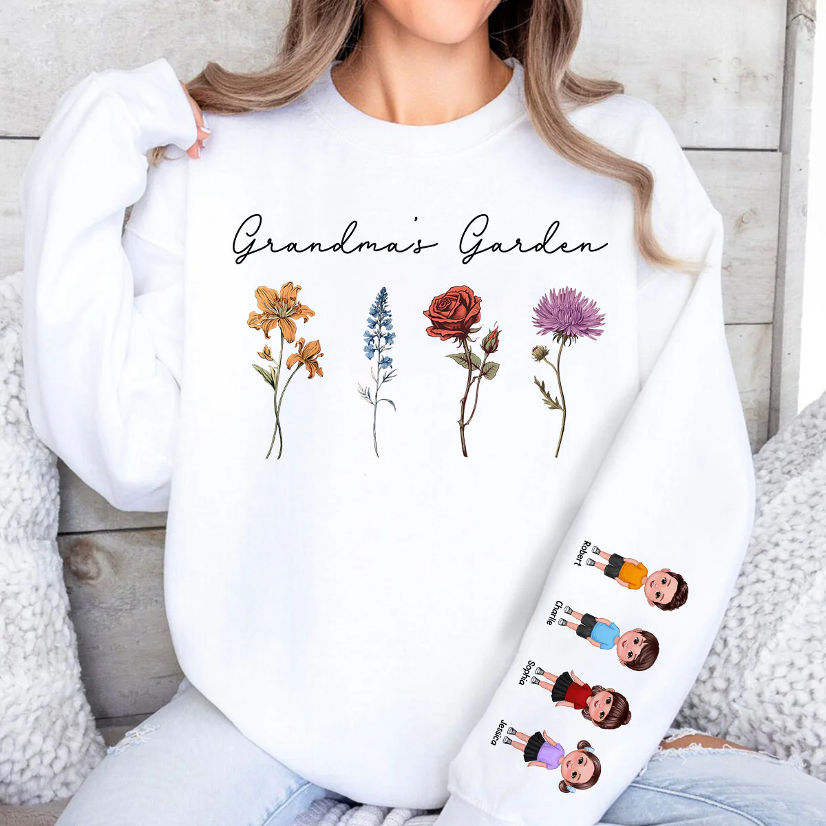 Grandma's Garden Kids On Sleeve, Custom Birthflower Sweatshirt, Gift for Grandma, Love Grows Here, Mom's Garden, Gift, Personalized Sleeve Printed Sweatshirt - Image 6