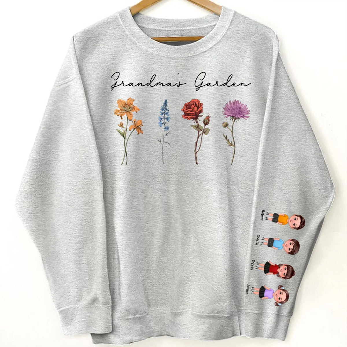 Grandma's Garden Kids On Sleeve, Custom Birthflower Sweatshirt, Gift for Grandma, Love Grows Here, Mom's Garden, Gift, Personalized Sleeve Printed Sweatshirt - Image 8
