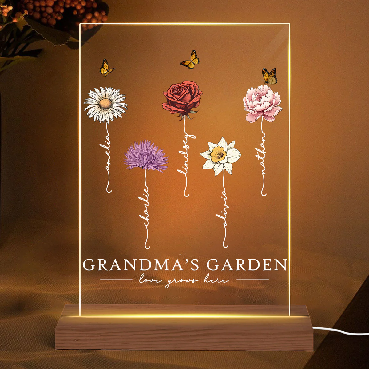 Grandma‘s Garden Love Grows Here Beautiful Birth Month Flower Gift For Grandma Mom - Personalized Acrylic Block Plaque LED Night Light - Gift For Grandma Mom