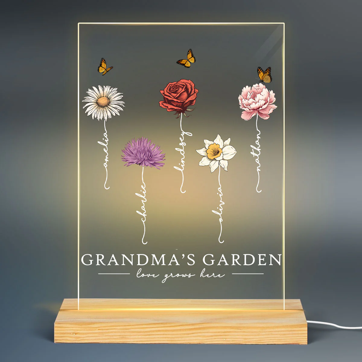 Grandma‘s Garden Love Grows Here Beautiful Birth Month Flower Gift For Grandma Mom - Personalized Acrylic Block Plaque LED Night Light - Gift For Grandma Mom - Image 2