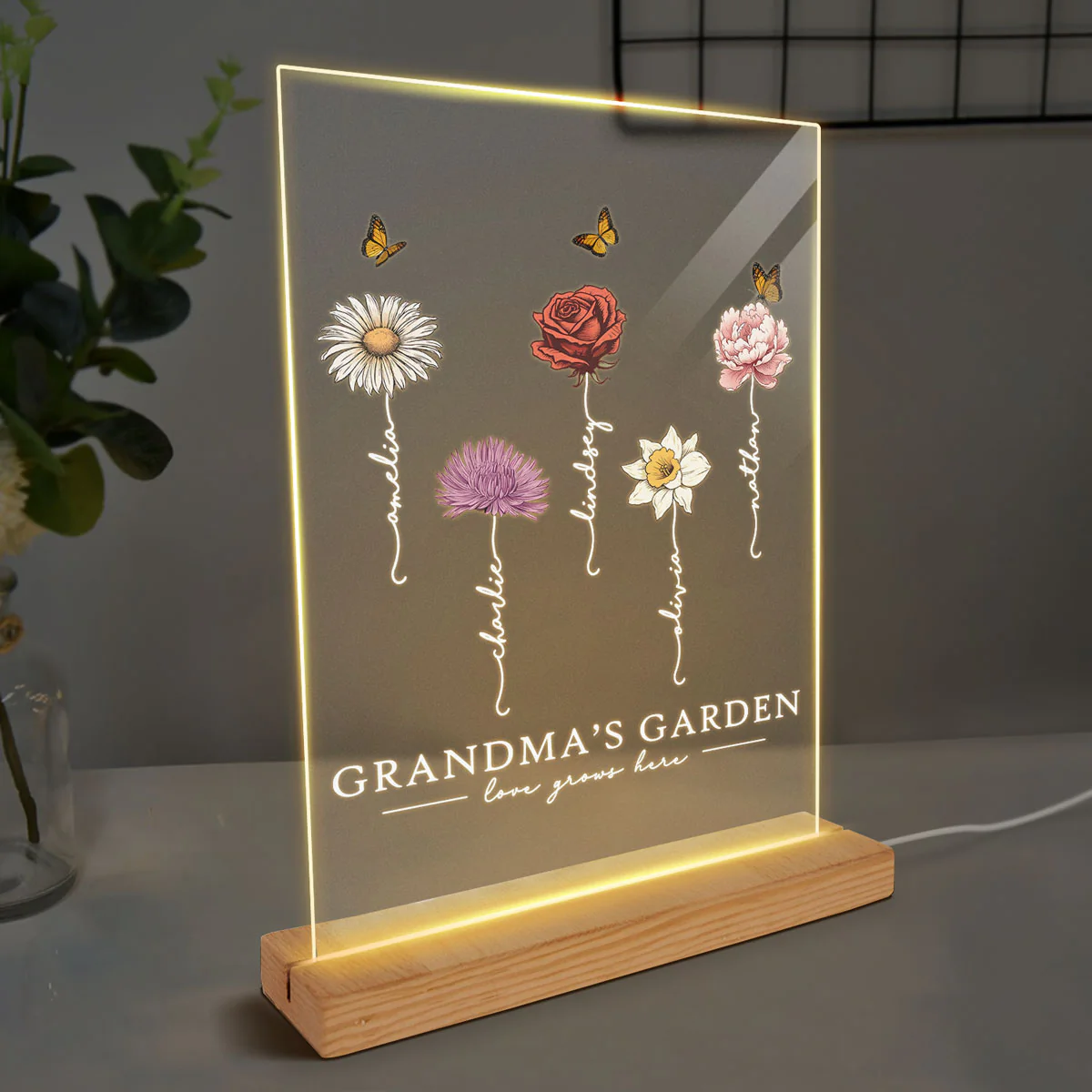 Grandma‘s Garden Love Grows Here Beautiful Birth Month Flower Gift For Grandma Mom - Personalized Acrylic Block Plaque LED Night Light - Gift For Grandma Mom - Image 3