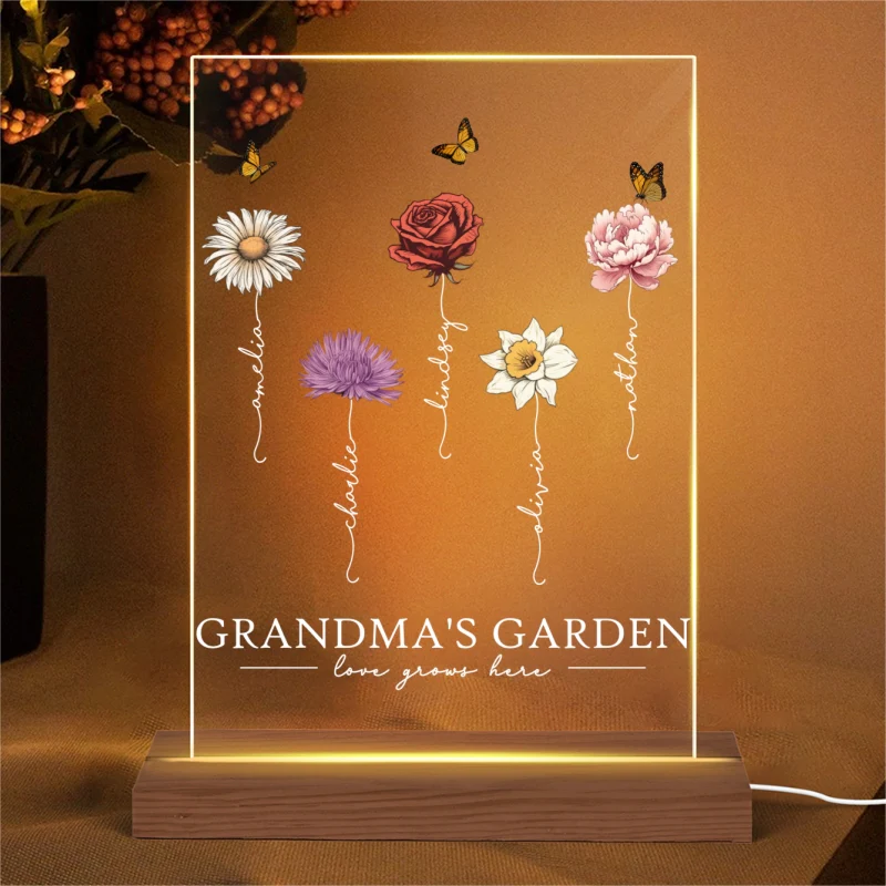 Grandma‘s Garden Love Grows Here Beautiful Birth Month Flower Gift For Grandma Mom - Personalized Acrylic Block Plaque LED Night Light - Gift For Grandma Mom - Image 4