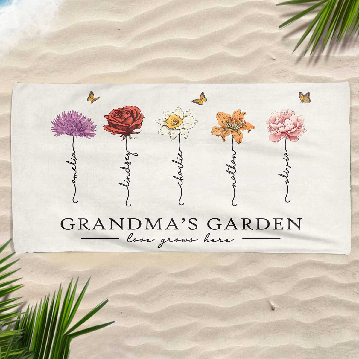 Grandma‘s Garden Love Grows Here Beautiful Birth Month Flower Gift For Grandma Mom Personalized Beach Towel - Image 2