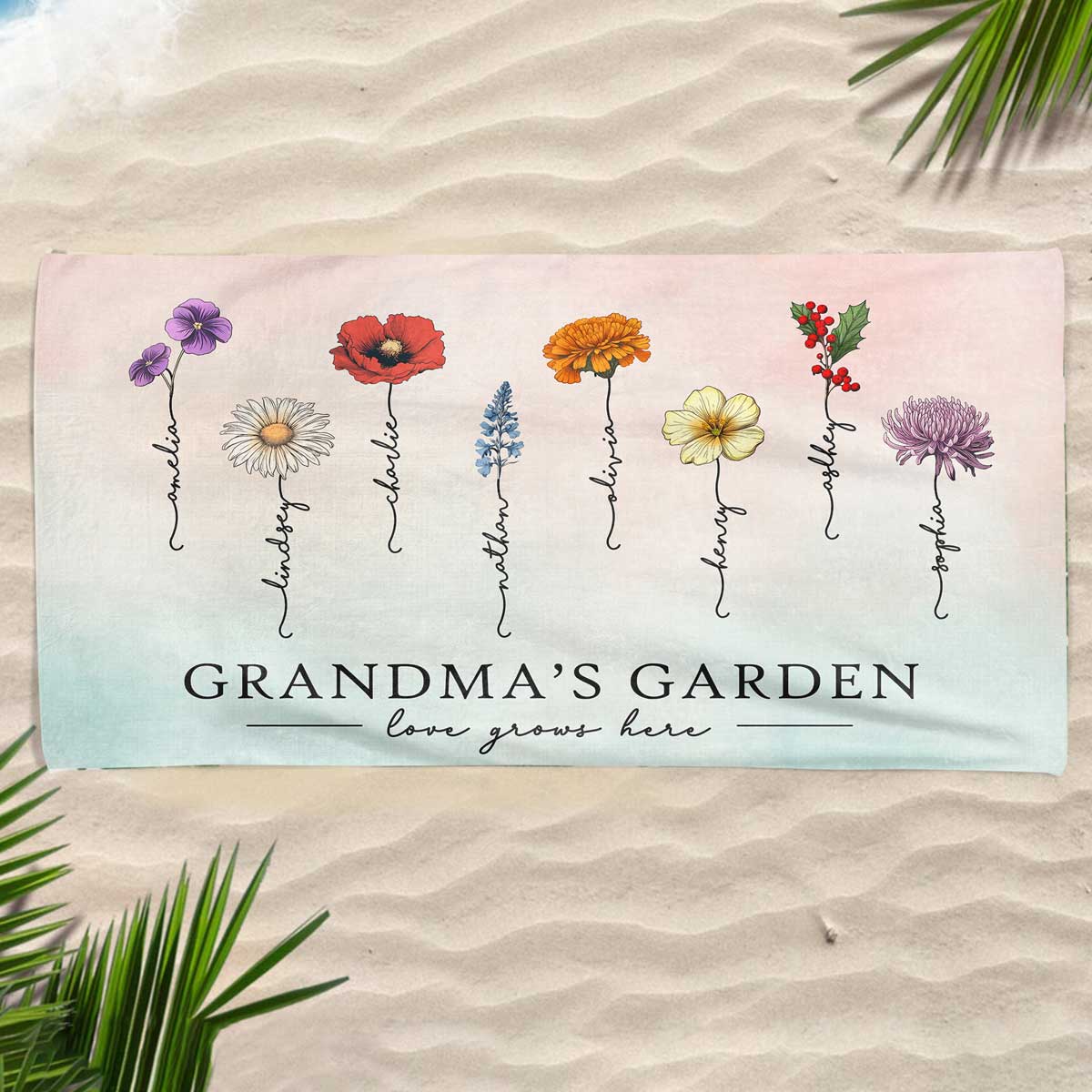 Grandma‘s Garden Love Grows Here Beautiful Birth Month Flower Gift For Grandma Mom Personalized Beach Towel - Image 3