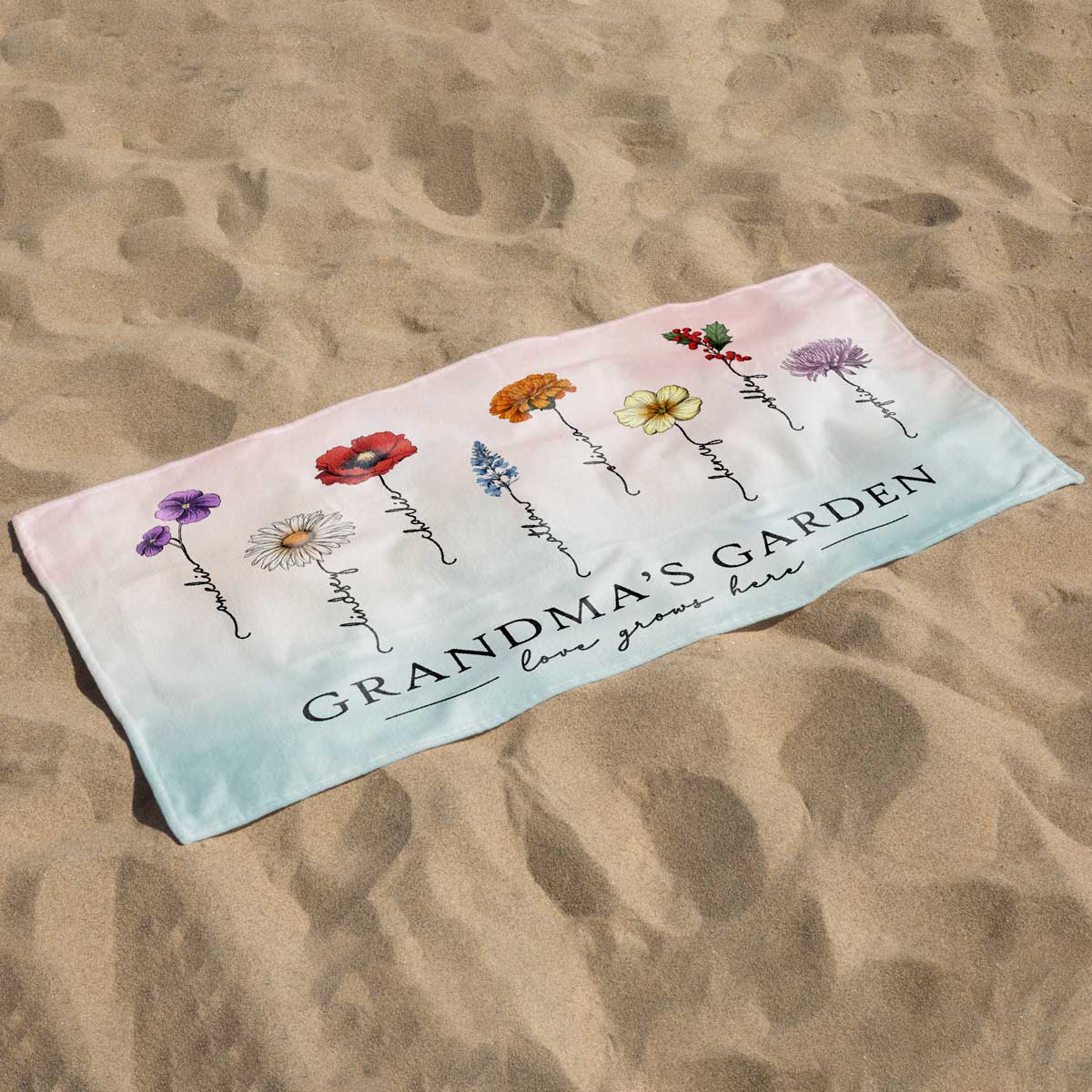 Grandma‘s Garden Love Grows Here Beautiful Birth Month Flower Gift For Grandma Mom Personalized Beach Towel - Image 4