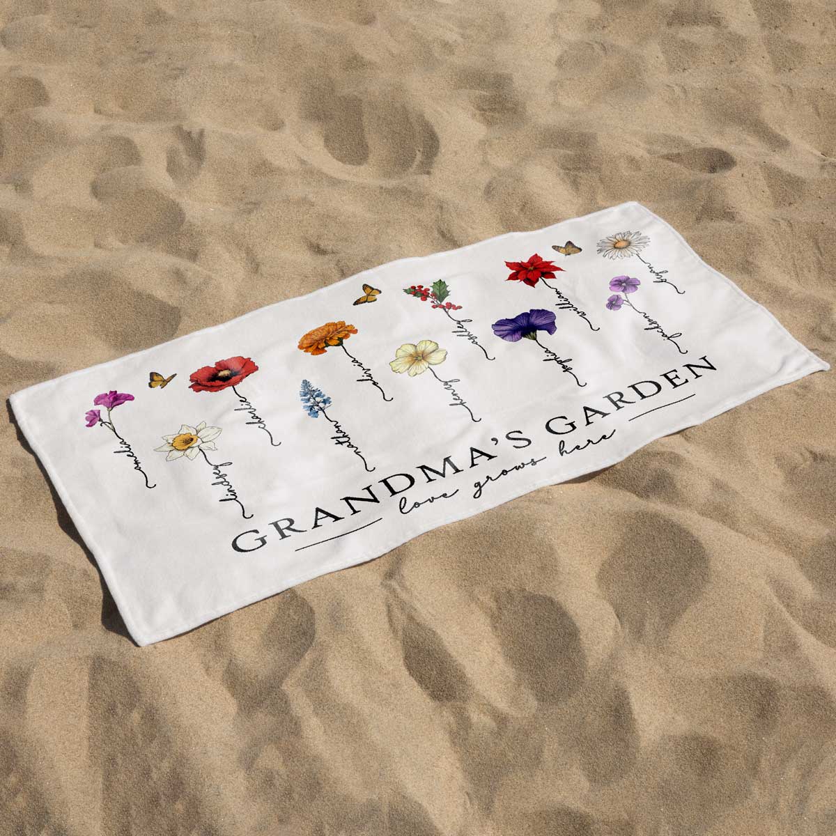 Grandma‘s Garden Love Grows Here Beautiful Birth Month Flower Gift For Grandma Mom Personalized Beach Towel - Image 5