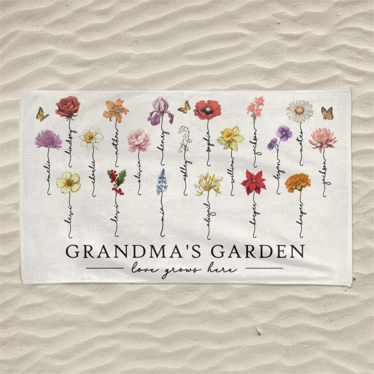 Grandma‘s Garden Love Grows Here Beautiful Birth Month Flower Gift For Grandma Mom Personalized Beach Towel - Image 8