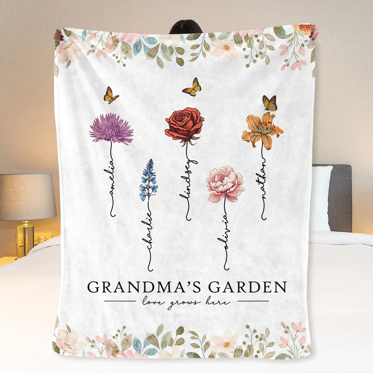 Grandma‘s Garden Love Grows Here Beautiful Birth Month Flower Gift For Grandma Mom Personalized Fleece Blanket - Image 4