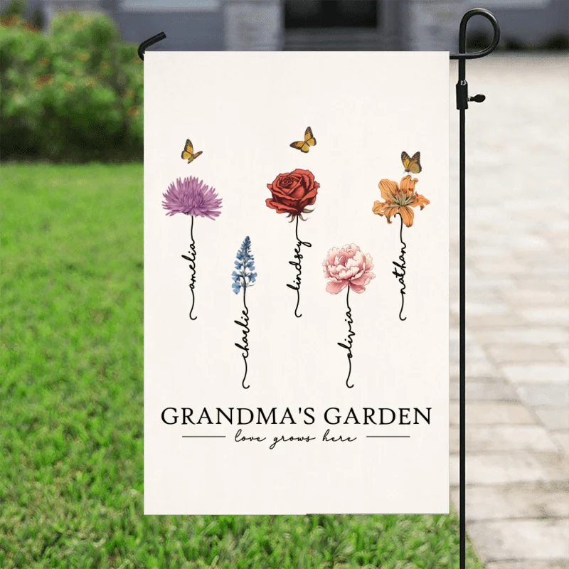Grandma‘s Garden Love Grows Here Beautiful Birth Month Flower Gift For Grandma Mom Personalized Garden Flag - Image 4