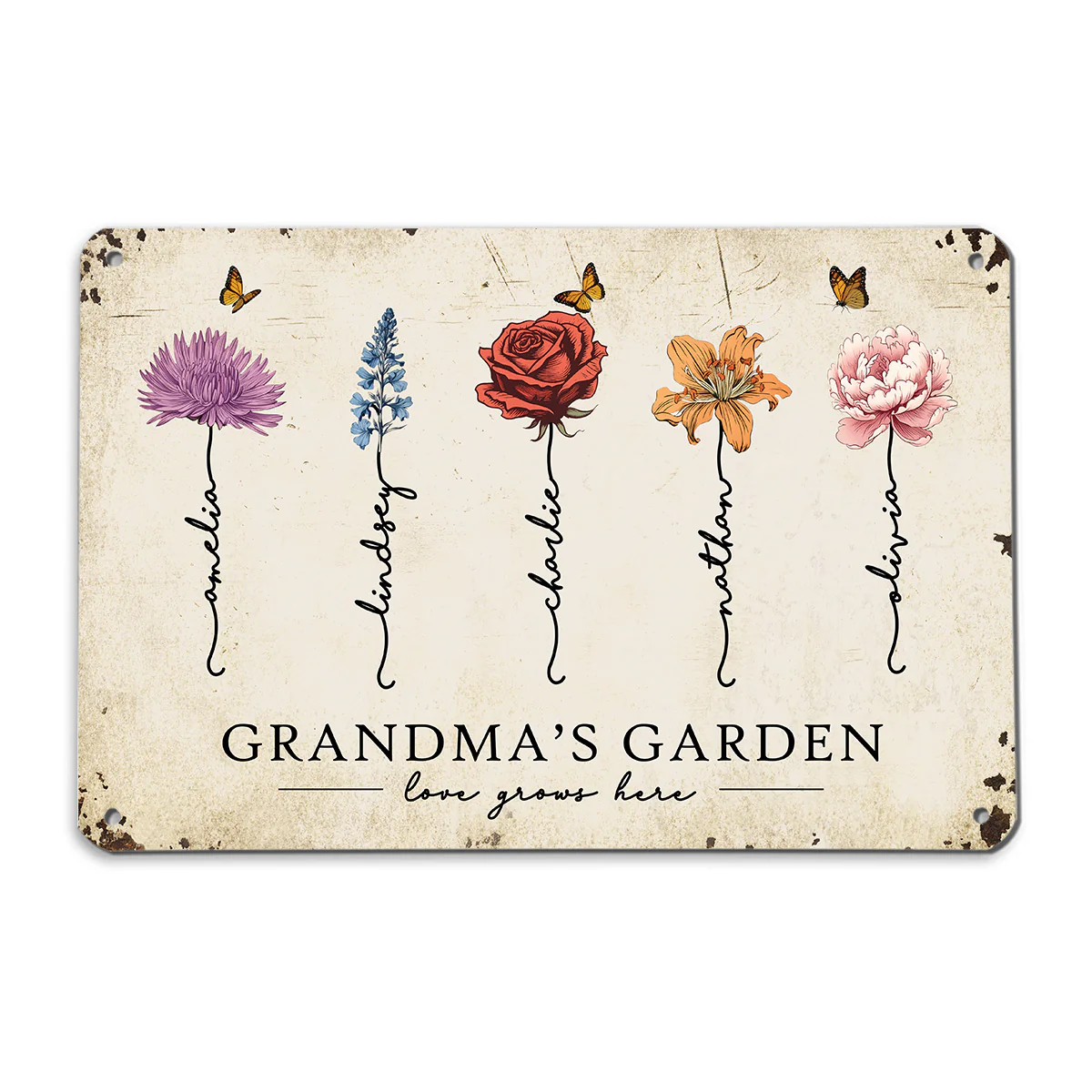 Grandma‘s Garden Love Grows Here Beautiful Birth Month Flower Gift For Grandma Mom Personalized Metal Sign