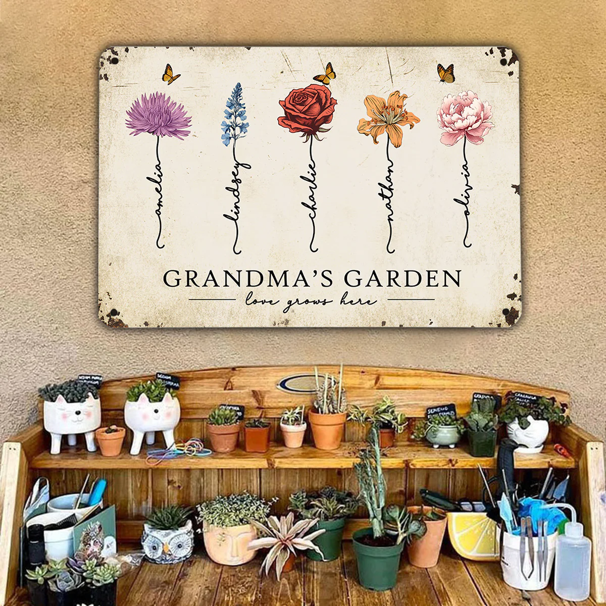 Grandma‘s Garden Love Grows Here Beautiful Birth Month Flower Gift For Grandma Mom Personalized Metal Sign - Image 2