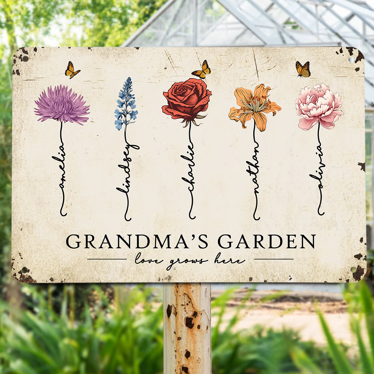 Grandma‘s Garden Love Grows Here Beautiful Birth Month Flower Gift For Grandma Mom Personalized Metal Sign - Image 3