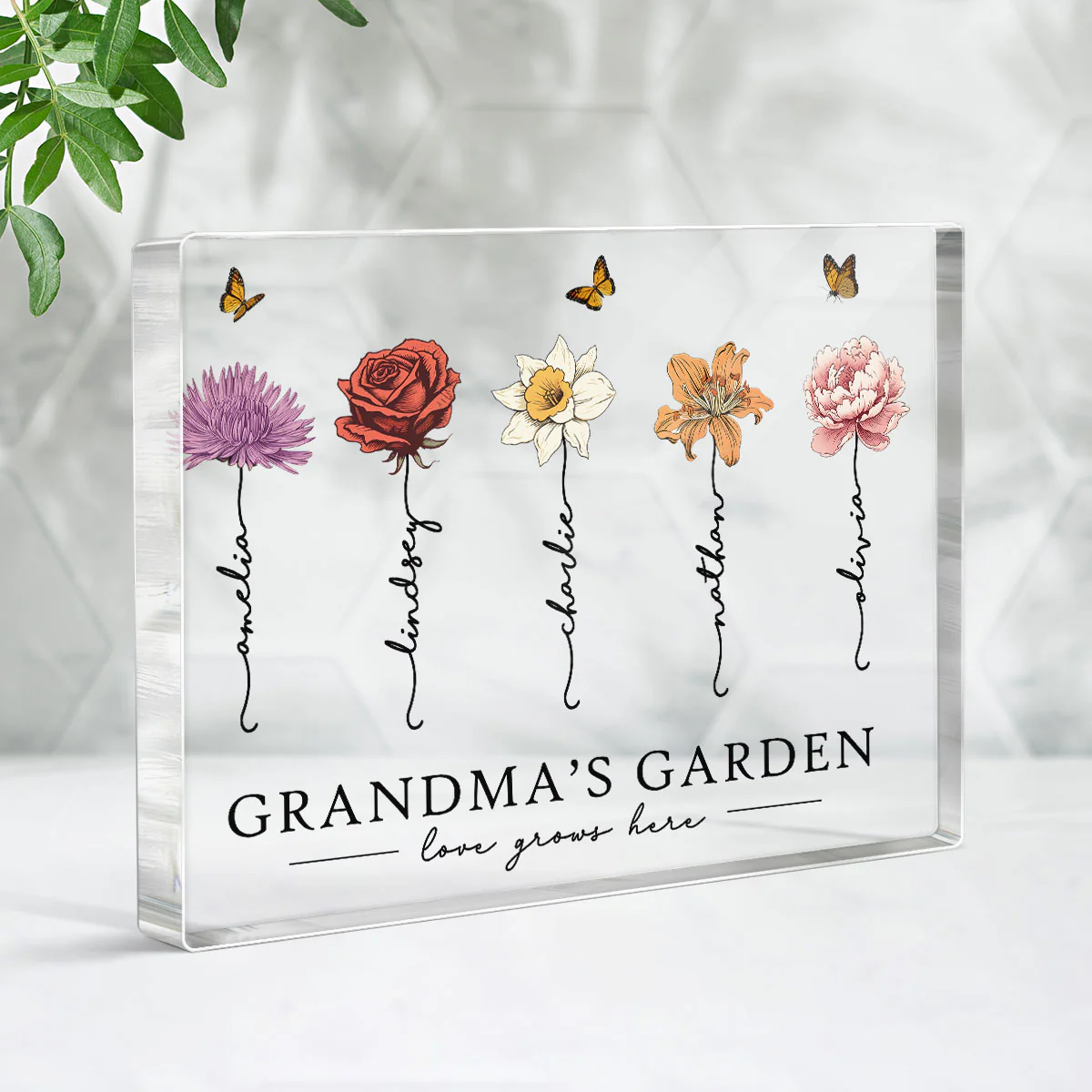 Grandma‘s Garden Love Grows Here Beautiful Birth Month Flower Gift For Grandma Mom Personalized Acrylic Block - Image 3