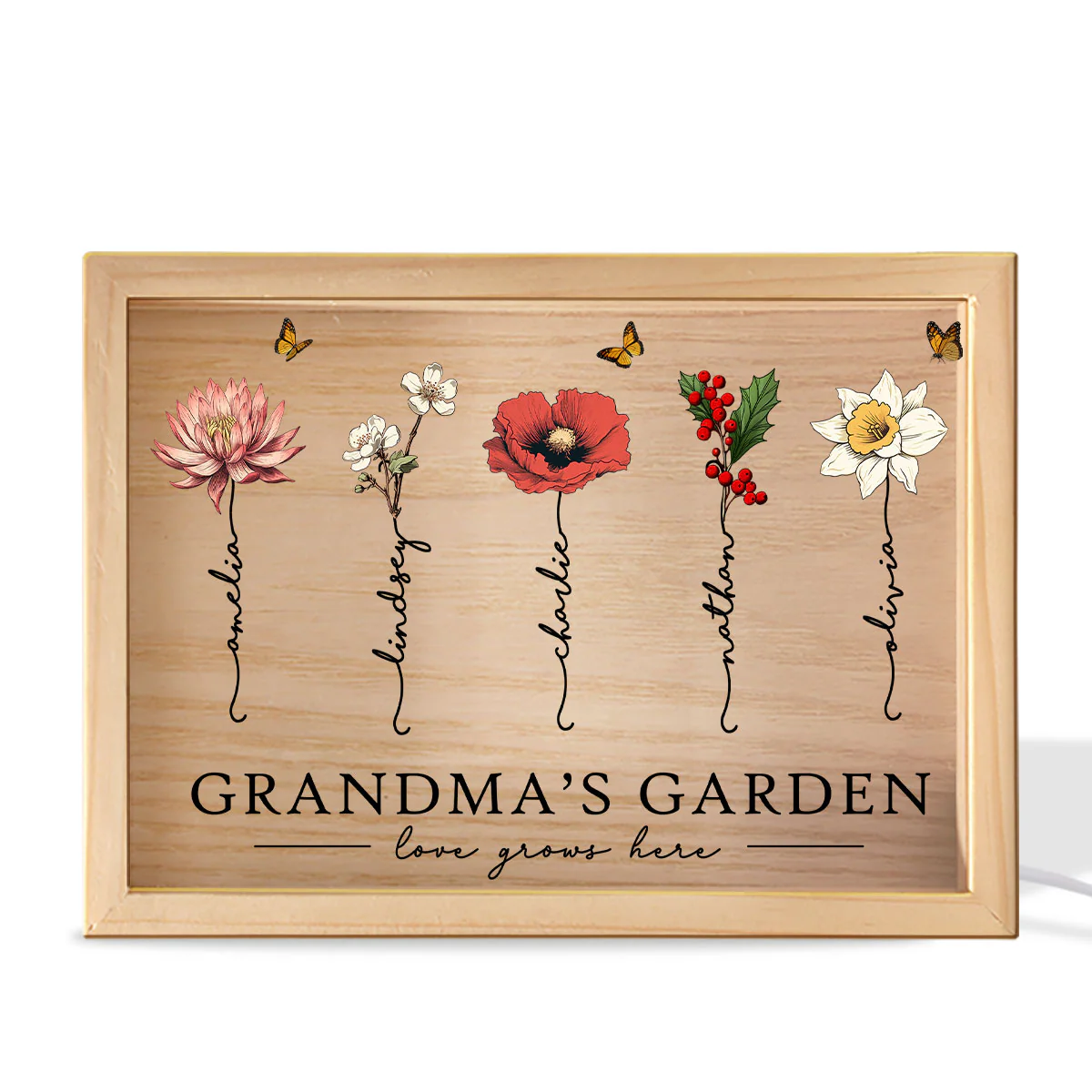 Grandma‘s Garden Love Grows Here Beautiful Birth Month Flower Gift For Grandma Mom Personalized Wooden Frame Light Box - Image 2