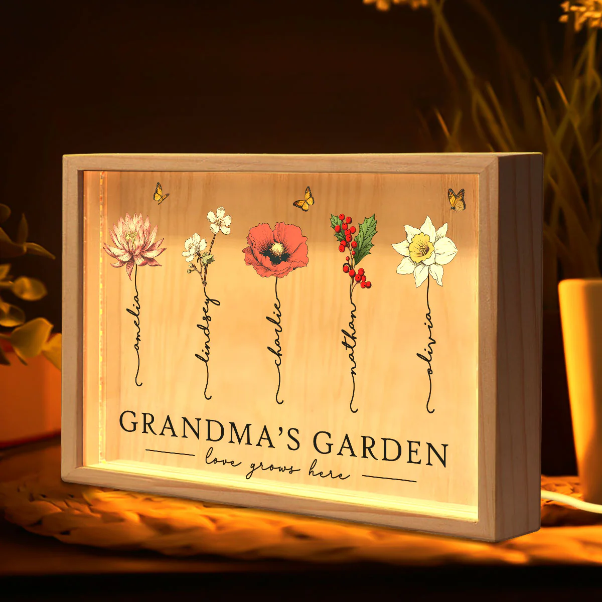 Grandma‘s Garden Love Grows Here Beautiful Birth Month Flower Gift For Grandma Mom Personalized Wooden Frame Light Box - Image 3