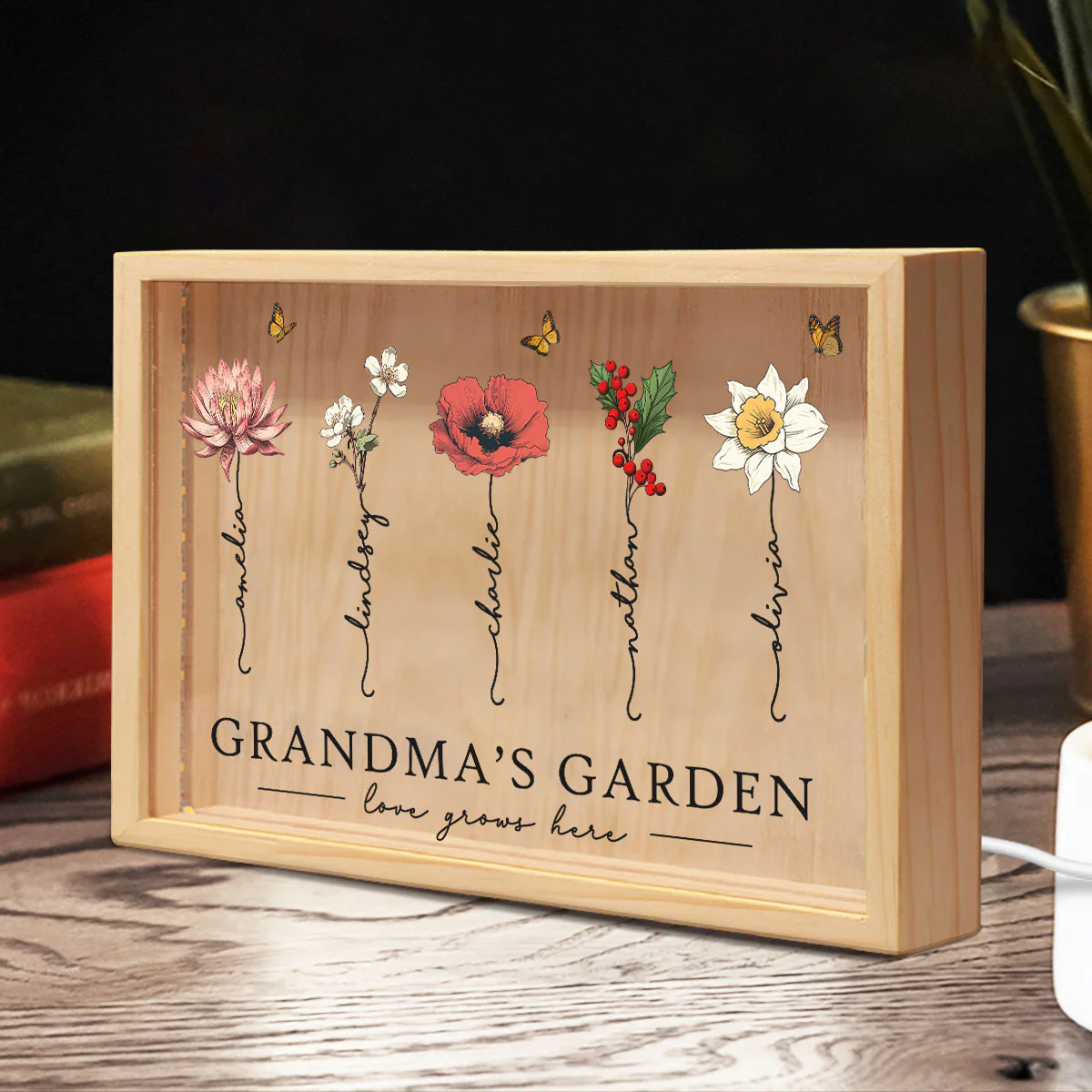 Grandma‘s Garden Love Grows Here Beautiful Birth Month Flower Gift For Grandma Mom Personalized Wooden Frame Light Box - Image 6