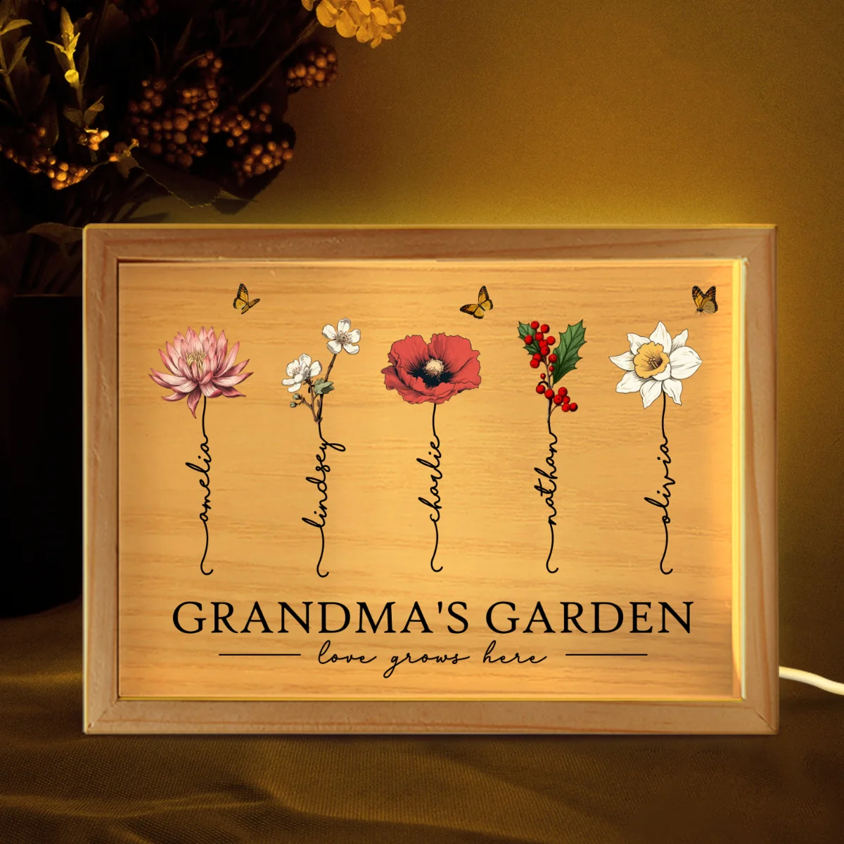 Grandma‘s Garden Love Grows Here Beautiful Birth Month Flower Gift For Grandma Mom Personalized Wooden Frame Light Box - Image 7