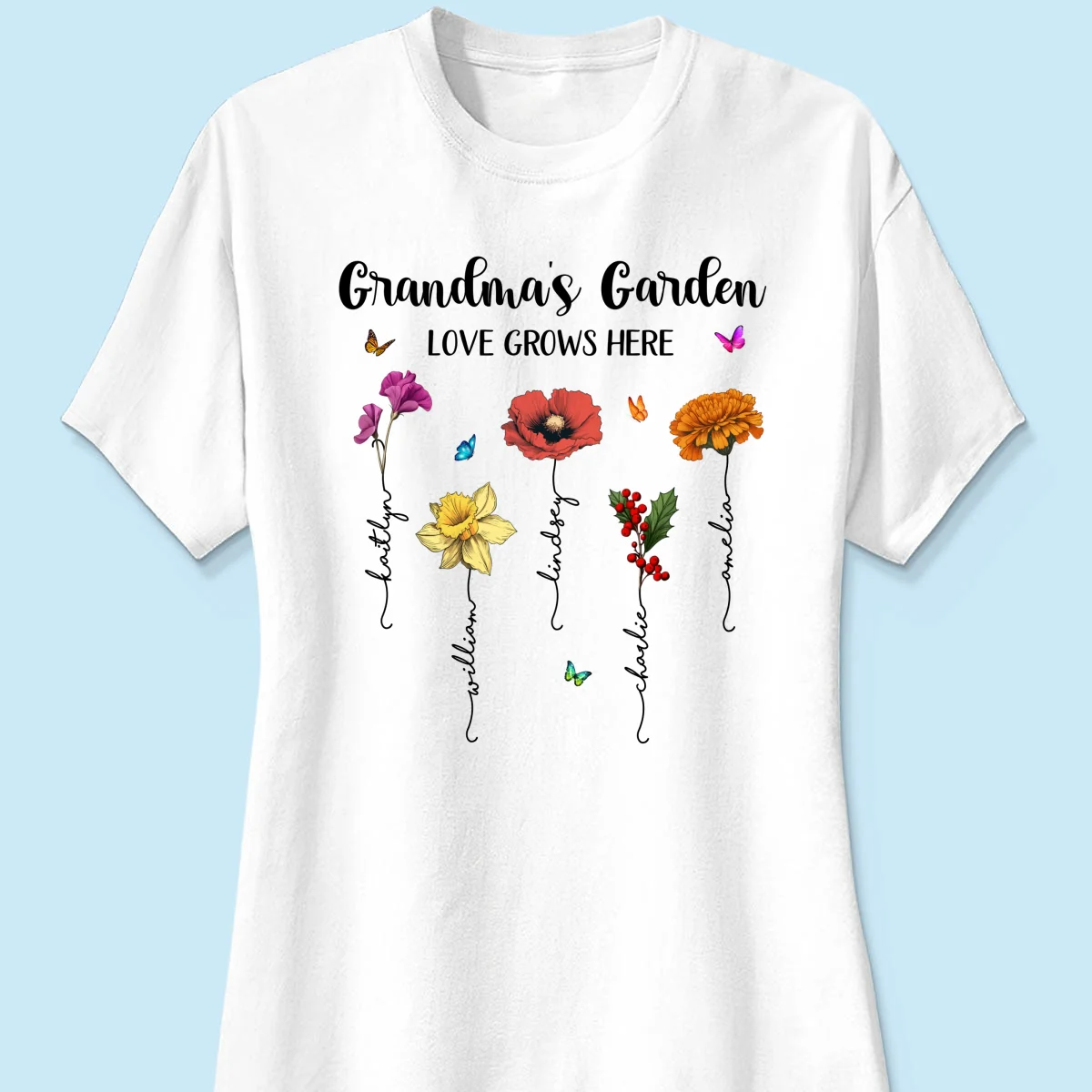 Grandma‘s Garden Love Grows Here Beautiful Birth Month Flower Mother‘s Day Gift For Grandma Mom Personalized Shirt - Image 11