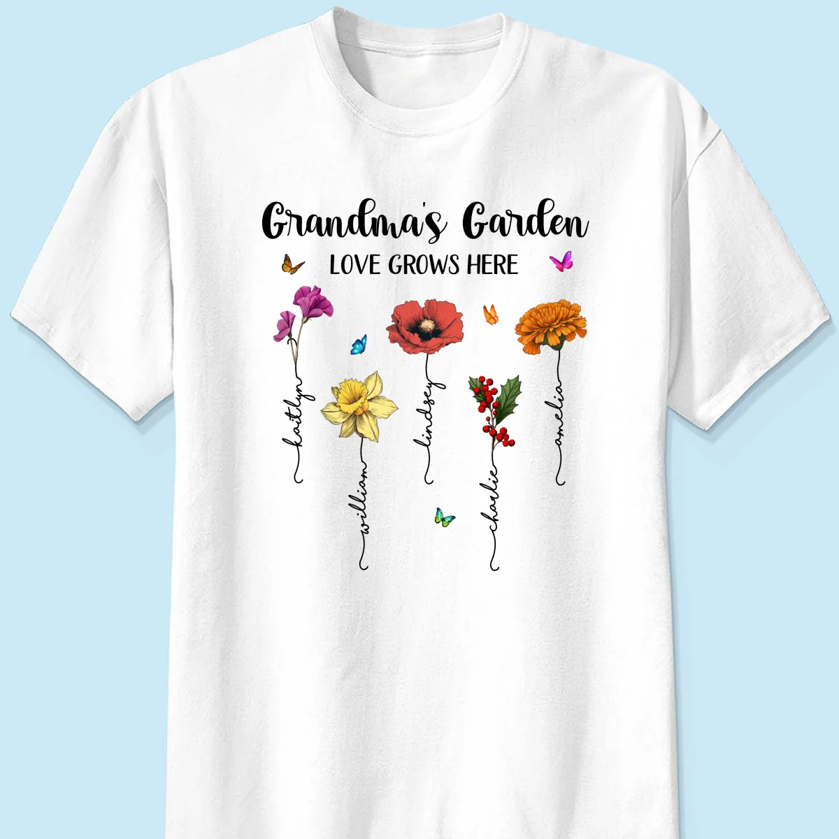 Grandma‘s Garden Love Grows Here Beautiful Birth Month Flower Mother‘s Day Gift For Grandma Mom Personalized Shirt - Image 7