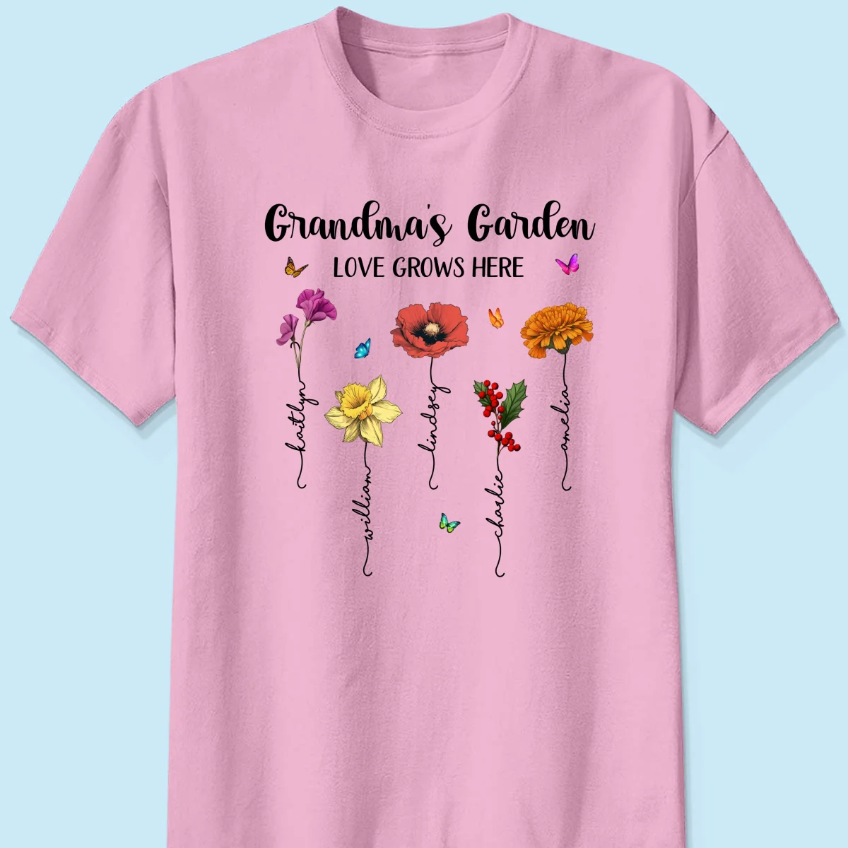 Grandma‘s Garden Love Grows Here Beautiful Birth Month Flower Mother‘s Day Gift For Grandma Mom Personalized Shirt - Image 9