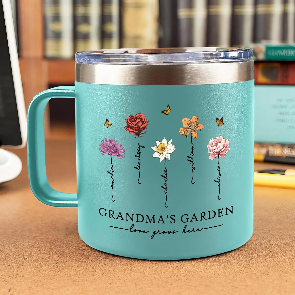 Grandma's Garden Love Grows Here Beautiful Birth Month Flower Personalized Stainless Tumbler With Handle - Image 3